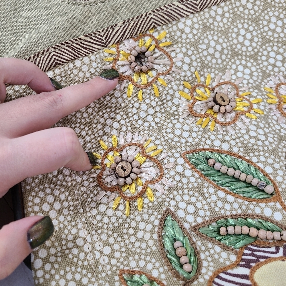 Vintage Fossil beaded canvas bag floral raffia sage green large - Picture 4 of 10